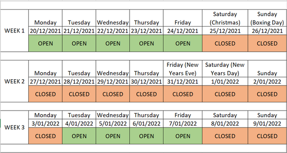 Christmas & New Year Delivery Schedule