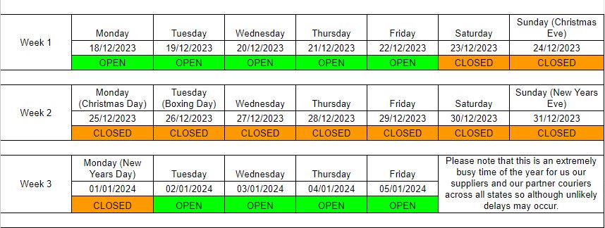 CHRISTMAS & NEW YEARS DELIVERY SCHEDULE 2023/2024