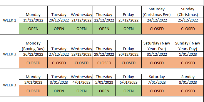 CHRISTMAS & NEW YEARS DELIVERY SCHEDULE 2022/2023