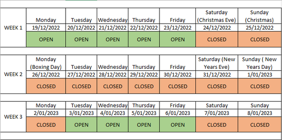 CHRISTMAS & NEW YEARS DELIVERY SCHEDULE 2022/2023