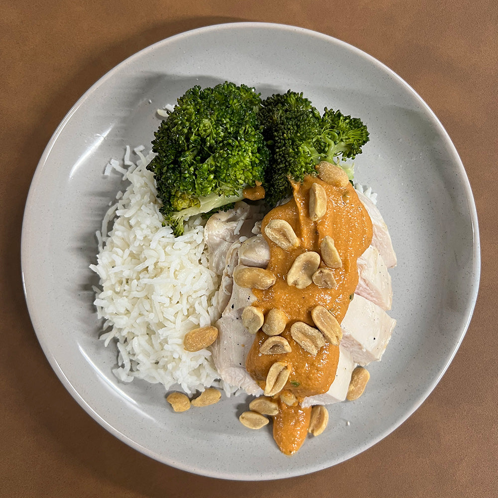 Chicken Breast with Peanut Sauce, Basmati Rice & Grilled Broccoli