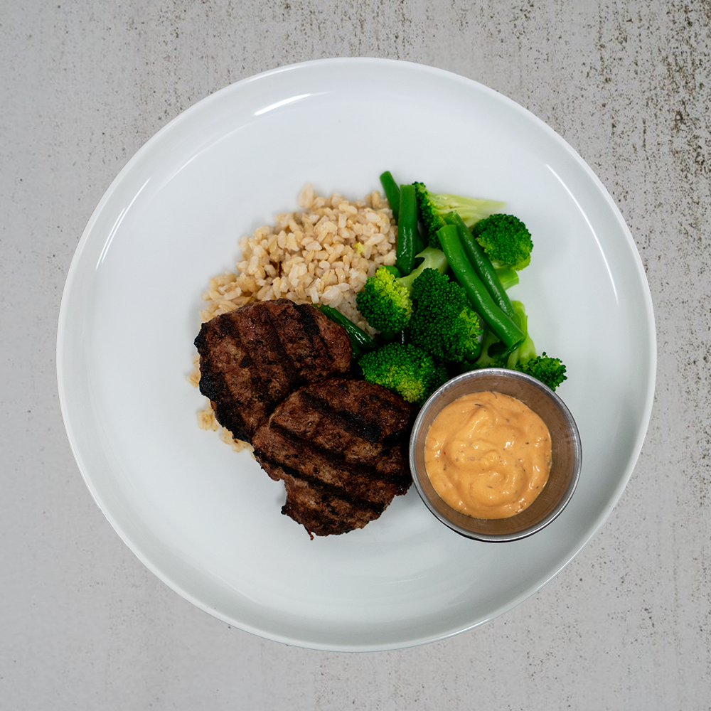 Grilled Beef Burger with Brown Rice & Vegetables