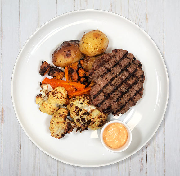 Grilled Beef Burger with Roast Potatoes, Veggies & Burger Sauce