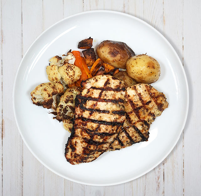 Grilled Chicken Breast with Roast Potatoes & Veggies