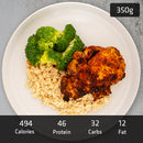 Portuguese Chicken with brown rice and vegetables served on a plate, A ready to eat pre packaged healthy meal